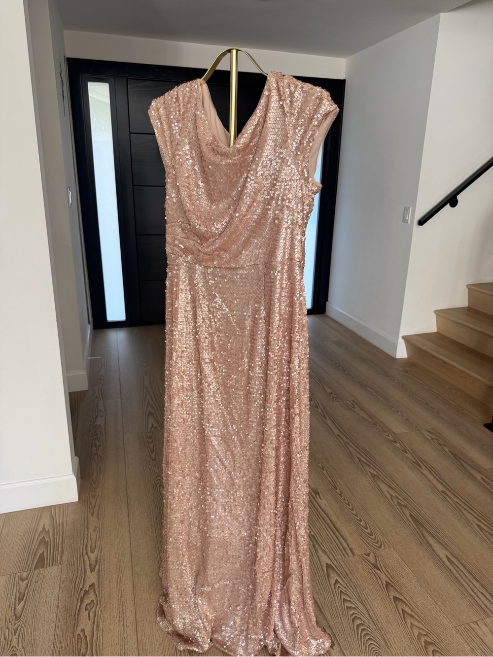 Adrianna Papell Rose Gold Sequin Cowl Neck Maxi Dress